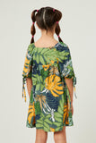 GY5573 Green Girls Tropical Leaf Print Tie Sleeve Square Neck Dress Back
