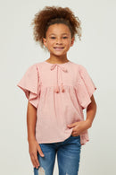 GY5578 MAUVE Girls Flutter Sleeve Tassel Detail Textured Top Front