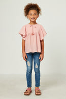 GY5578 MAUVE Girls Flutter Sleeve Tassel Detail Textured Top Full Body