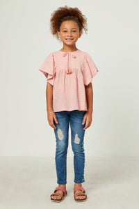 GY5578 MAUVE Girls Flutter Sleeve Tassel Detail Textured Top Full Body