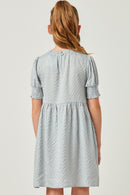 GY5581 BLUE Girls Seersucker Gingham Smock Cuff Dress Back