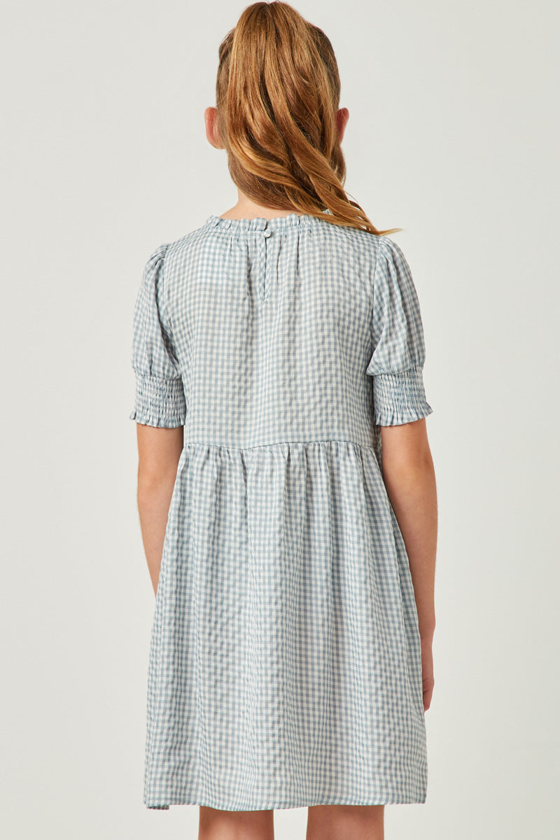 GY5581 BLUE Girls Seersucker Gingham Smock Cuff Dress Back