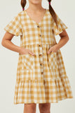 GY5588 MUSTARD Girls Plaid Patch Pocket Button Down Dress Detail