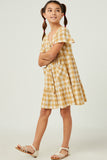 GY5588 MUSTARD Girls Plaid Patch Pocket Button Down Dress Side