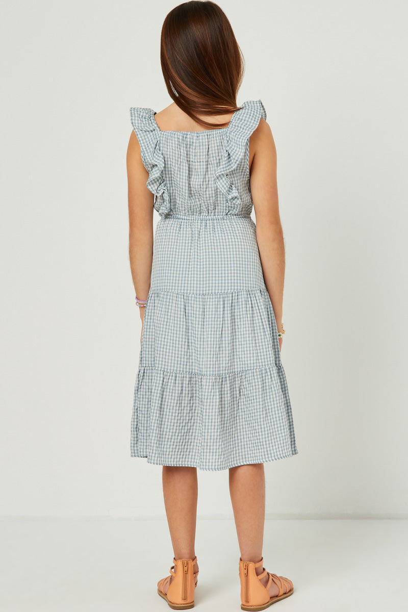 GY5589 BLUE Girls Sleeveless Smocked Detail Ruffled Tiered Dress Back