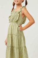 GY5589 Sage Girls Sleeveless Smocked Detail Ruffled Tiered Dress Detail