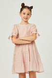 GY5595 BLUSH Girls Textured Stripe Tie Sleeve Tiered Dress Front