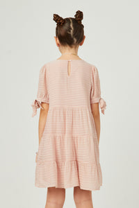 GY5595 BLUSH Girls Textured Stripe Tie Sleeve Tiered Dress Back