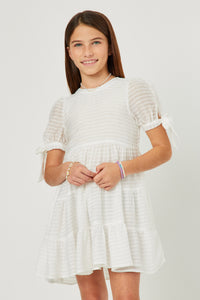 GY5595 OFF WHITE Girls Textured Stripe Tie Sleeve Tiered Dress Front