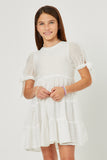 GY5595 OFF WHITE Girls Textured Stripe Tie Sleeve Tiered Dress Front