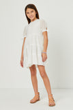 GY5595 OFF WHITE Girls Textured Stripe Tie Sleeve Tiered Dress Full Body