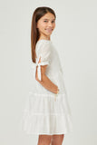 GY5595 OFF WHITE Girls Textured Stripe Tie Sleeve Tiered Dress Side