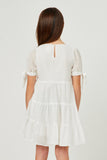 GY5595 OFF WHITE Girls Textured Stripe Tie Sleeve Tiered Dress Back