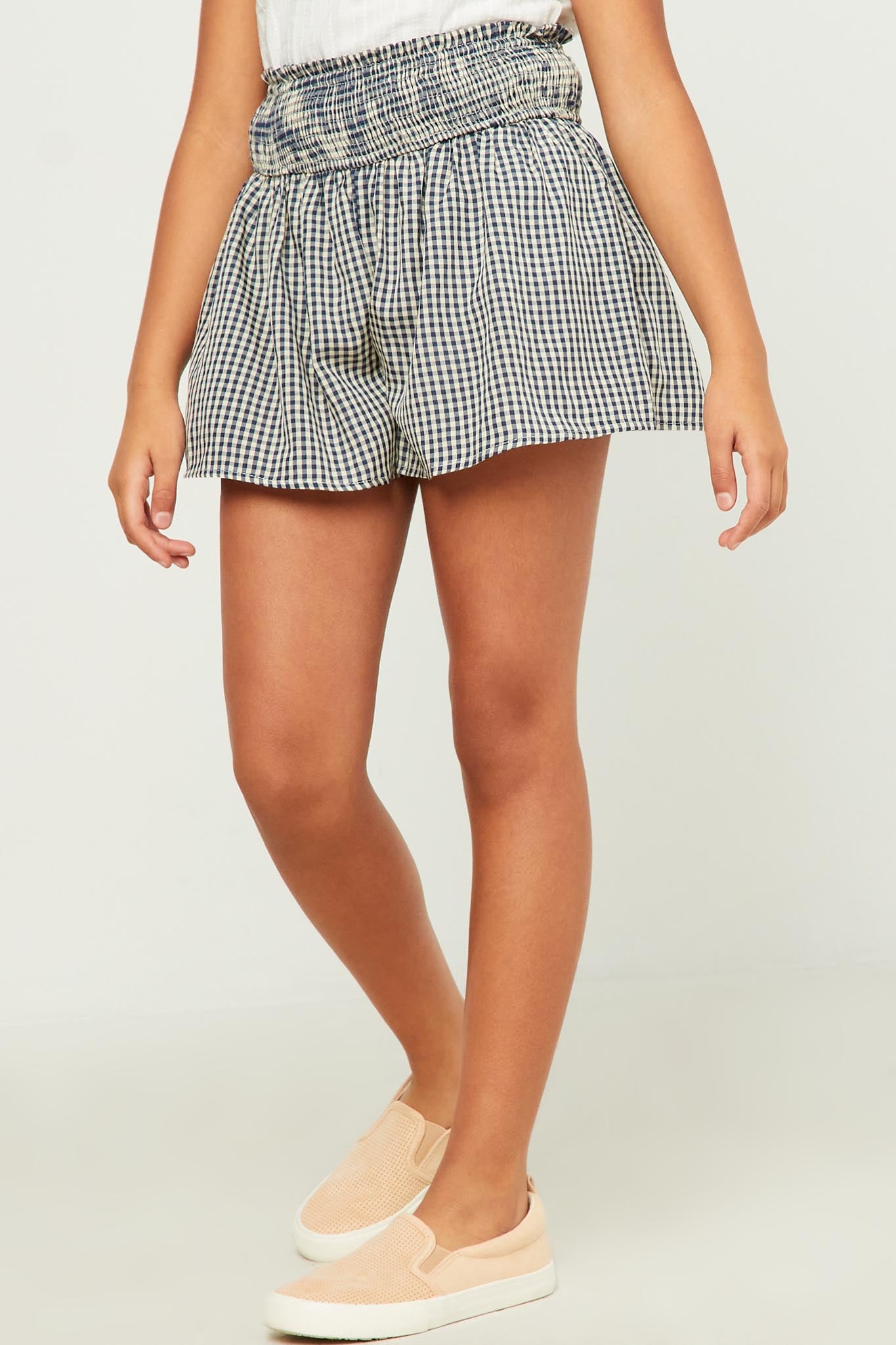 Gingham Print Smocked Waist Shorts