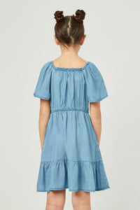 GY5605 LIGHT DENIM Girls Puff Sleeve Smocked Bodice Tencel Dress Detail