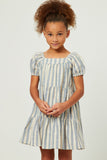 GY5609 BLUE Girls Striped Square Neck Puff Sleeve Tiered Dress Front