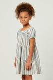 GY5609 BLUE Girls Striped Square Neck Puff Sleeve Tiered Dress Side