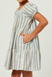 GY5609 BLUE Girls Striped Square Neck Puff Sleeve Tiered Dress Detail