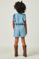 GY5613 LIGHT DENIM Girls Surplice Ruffle Detail Tencel Romper Side