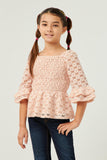 GY5617 BLUSH Girls Lurex Floral Lace Smocked Bell Sleeve Top Front