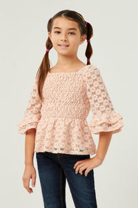 GY5617 BLUSH Girls Lurex Floral Lace Smocked Bell Sleeve Top Front
