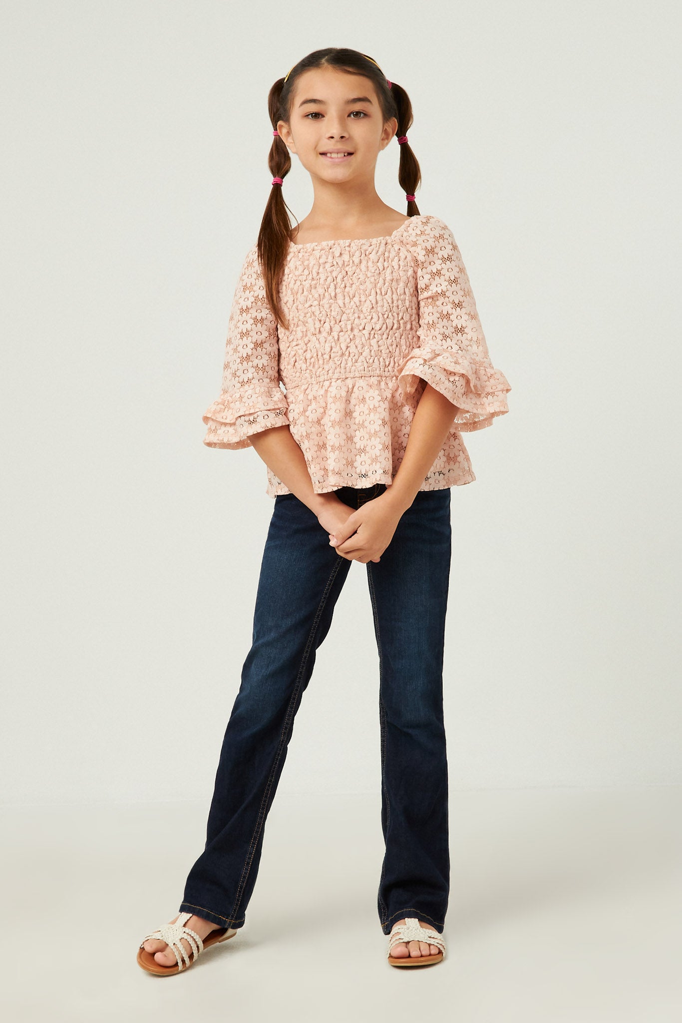 Lurex Floral Lace Smocked Bell Sleeve Top