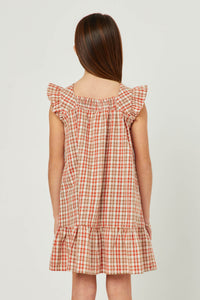 GY5626 ORANGE Girls Back Smocked Square Neck Tartan Print Dress Back