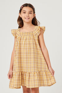 GY5626 YELLOW Girls Back Smocked Square Neck Tartan Print Dress Front