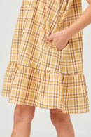 GY5626 YELLOW Girls Back Smocked Square Neck Tartan Print Dress Side