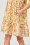 GY5626 YELLOW Girls Back Smocked Square Neck Tartan Print Dress Side