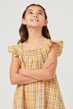 GY5626 YELLOW Girls Back Smocked Square Neck Tartan Print Dress Detail