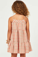 GY5627 ORANGE Girls Tartan Print Sleeveless Tiered Dress Back