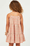 GY5627 ORANGE Girls Tartan Print Sleeveless Tiered Dress Back