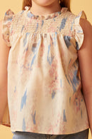 GY5636 IVORY Girls Watercolor Smocked Yoke Ruffled Tank Front
