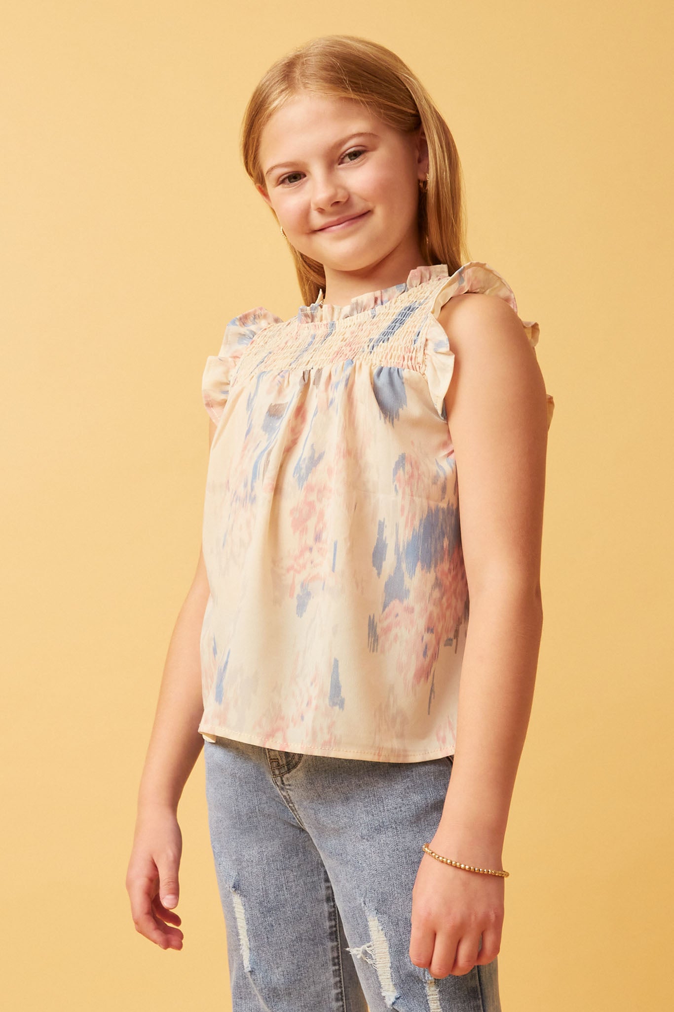 GY5636 IVORY Girls Watercolor Smocked Yoke Ruffled Tank Side