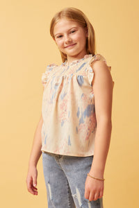 GY5636 IVORY Girls Watercolor Smocked Yoke Ruffled Tank Side