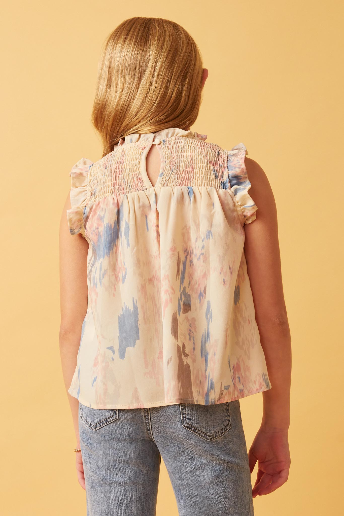 GY5636 IVORY Girls Watercolor Smocked Yoke Ruffled Tank Back