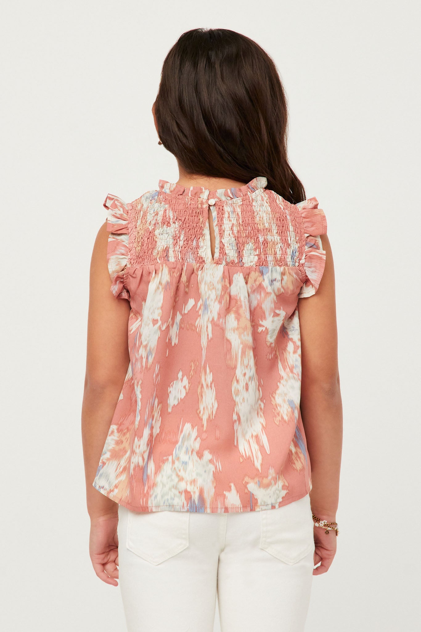 GY5636 PINK Girls Watercolor Smocked Yoke Ruffled Tank Back