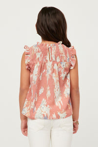 GY5636 PINK Girls Watercolor Smocked Yoke Ruffled Tank Back