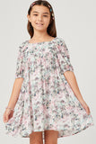 GY5644 PINK Girls Antique Floral Tie Sleeve Square Neck Dress Front