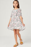GY5644 PINK Girls Antique Floral Tie Sleeve Square Neck Dress Full Body
