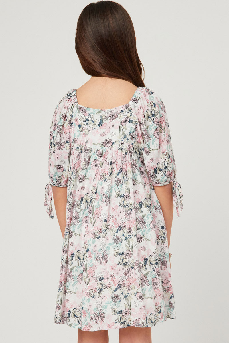 Antique Floral Tie Sleeve Square Neck Dress Antique Floral Tie Sleeve Square Neck Dress