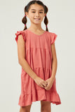 GY5652 PINK Girls V Neck Crinkle Texture Knit Ruffled Shoulder Dress Front
