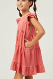 GY5652 PINK Girls V Neck Crinkle Texture Knit Ruffled Shoulder Dress Side