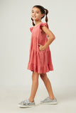 GY5652 PINK Girls V Neck Crinkle Texture Knit Ruffled Shoulder Dress Full Body 2