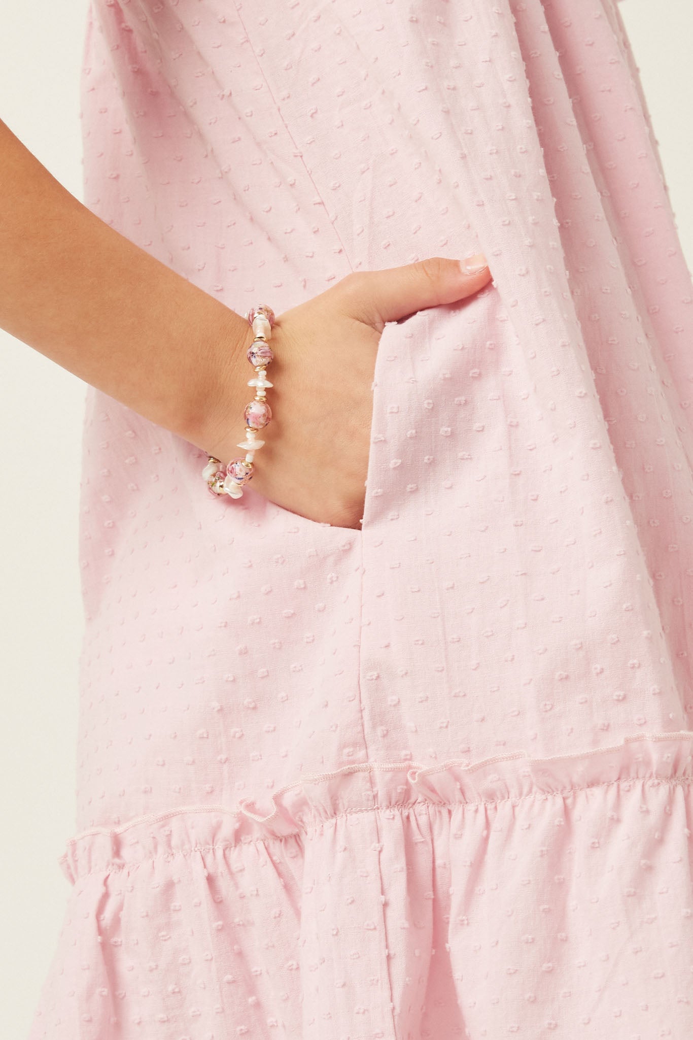 GY5660 PINK Girls Swiss Dot Ruffled Seamed Ruffle Shoulder Dress Detail