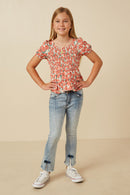 GY5662 Coral Girls Smocked Puff Sleeve Peplum Top Full Body 2