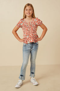 GY5662 Coral Girls Smocked Puff Sleeve Peplum Top Full Body 2