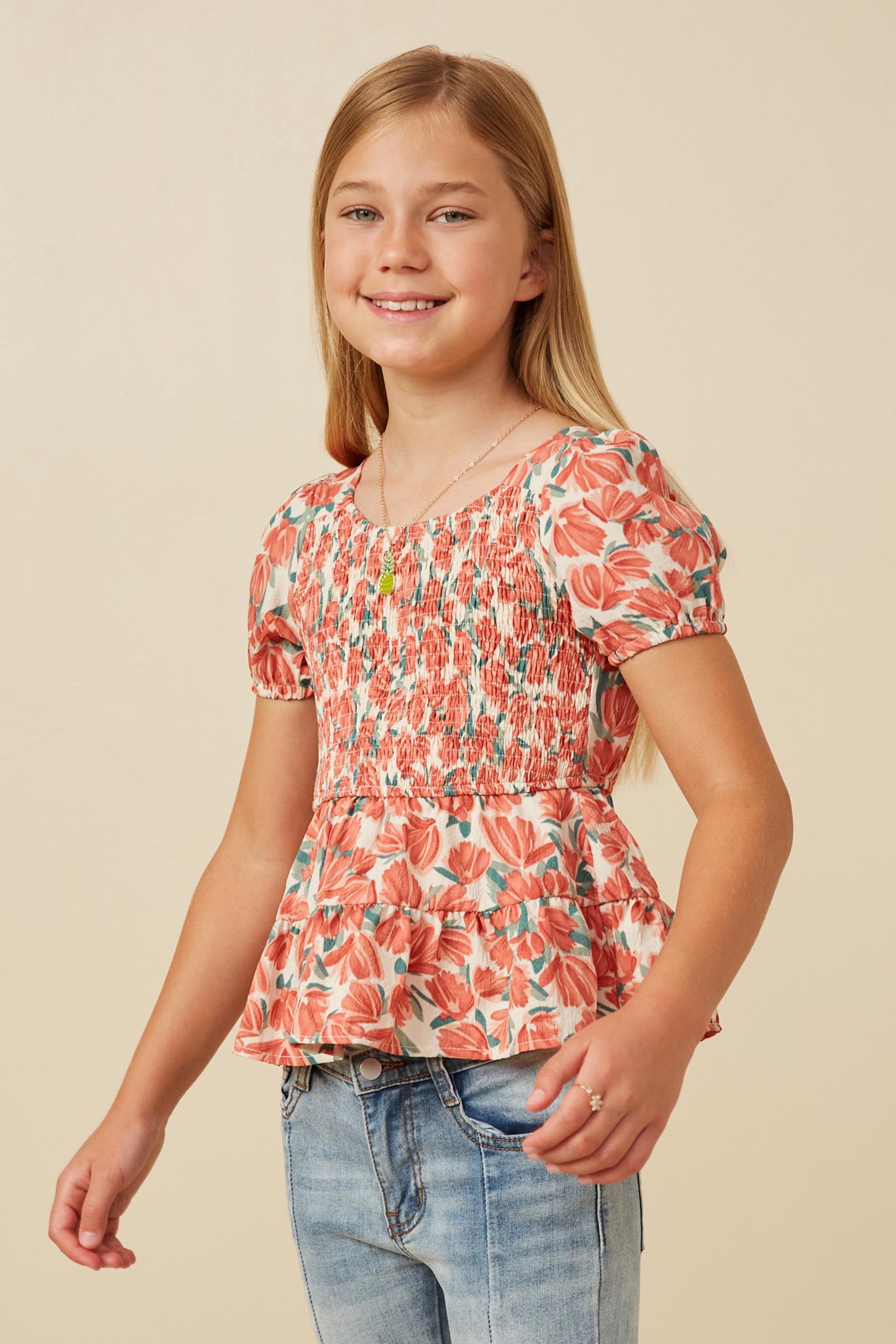 GY5662 Coral Girls Smocked Puff Sleeve Peplum Top Front