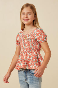 GY5662 Coral Girls Smocked Puff Sleeve Peplum Top Front